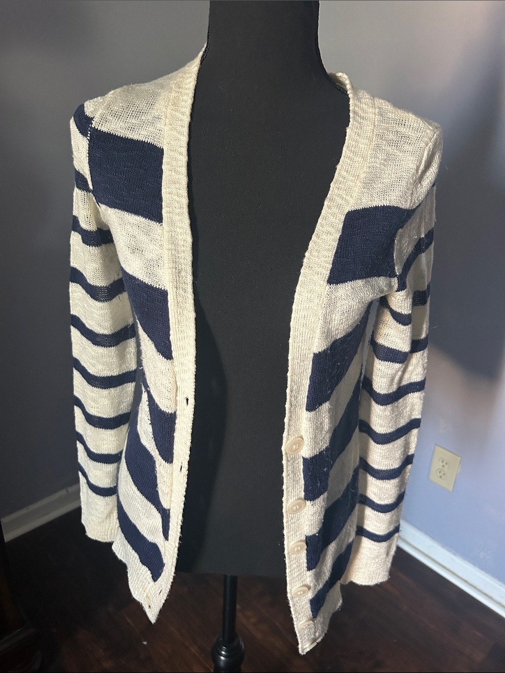 Striped Navy and Cream Open-Front Cardigan Sweater Size Small
